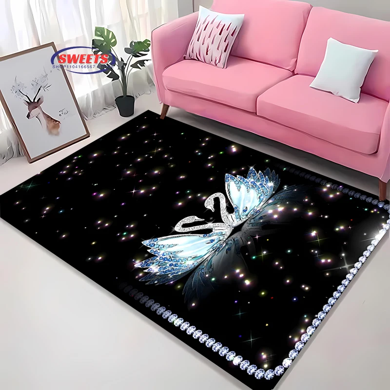 Beautiful Swan Diamond Theme Large Area Carpet for Home Living Room Kid's Bedroom, Sofa Doormat Kitchen Floor Rug Anti-slip Mat