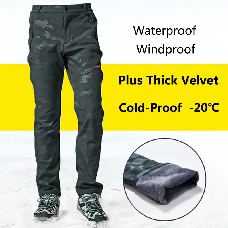 5XL Men Women Outdoor Winter Softshell Pants Plus Velvet Thick Thermal Waterproof Windproof Trouser Climbing Skiing Hiking