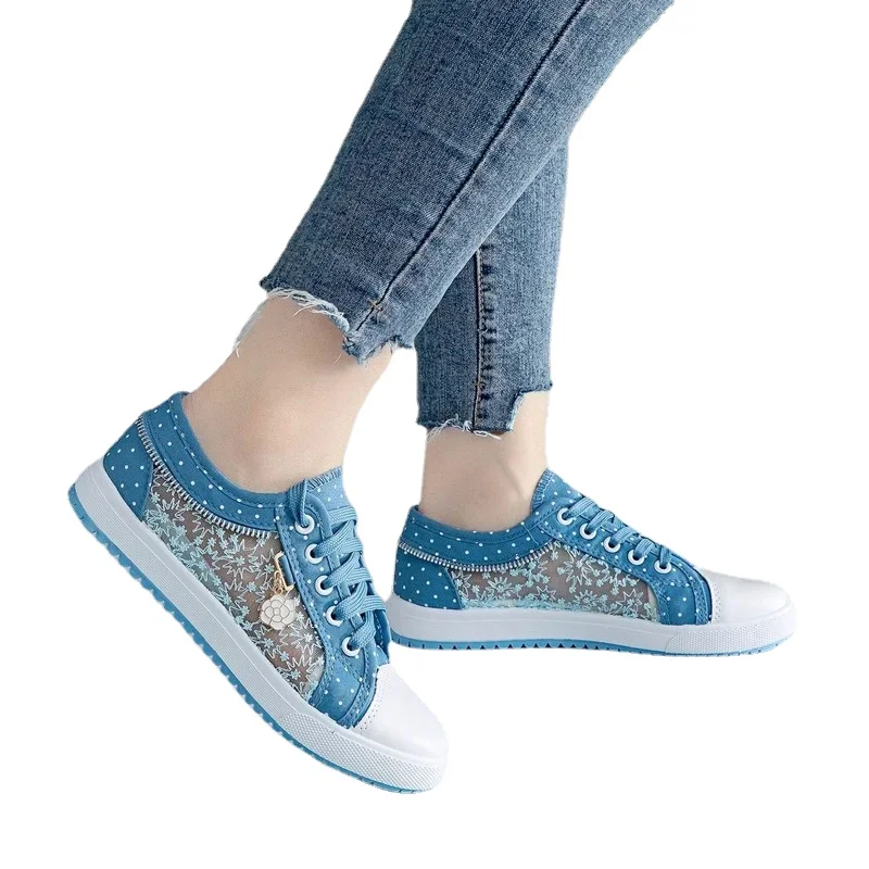 Women\'s Hollow Denim Mesh Shoes Woman Flat Casual Shoes Breathable Cloth Shoes Student кроссовки женские Scarpe Donna