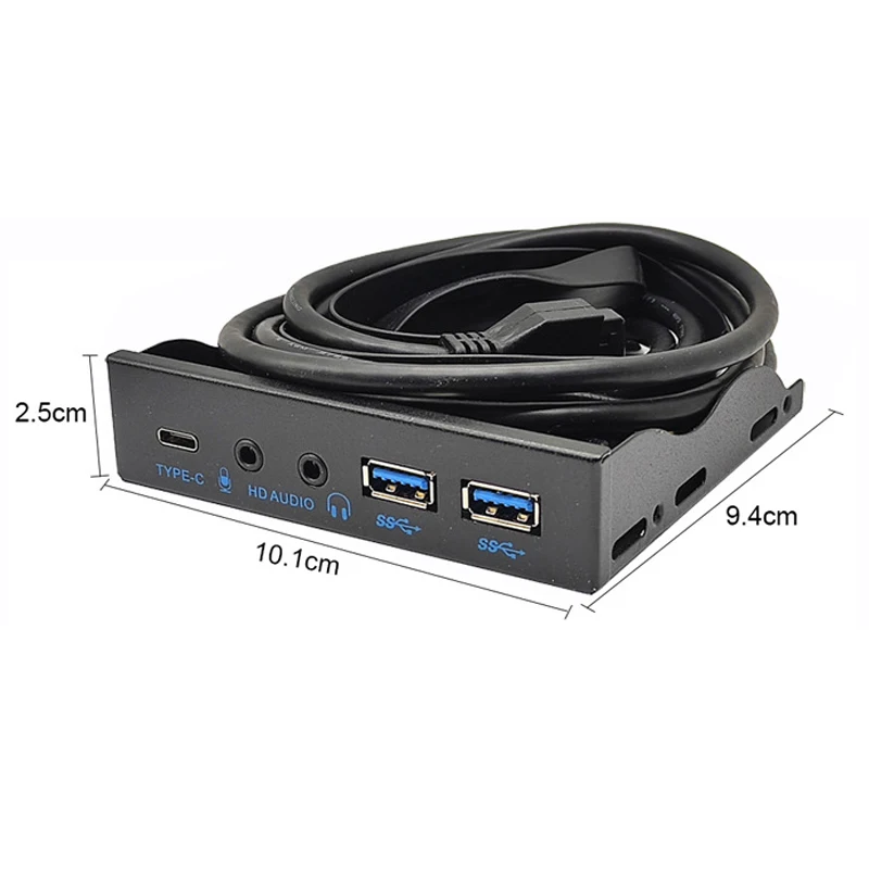 Adaptador de concentrador de Panel frontal USB 3,2 GEN2, 10Gbps tipo C + 2 puertos USB 3,0 + 3,5mm, auriculares + Micrófono para PC, Bahía de disco flexible de 3,5 pulgadas