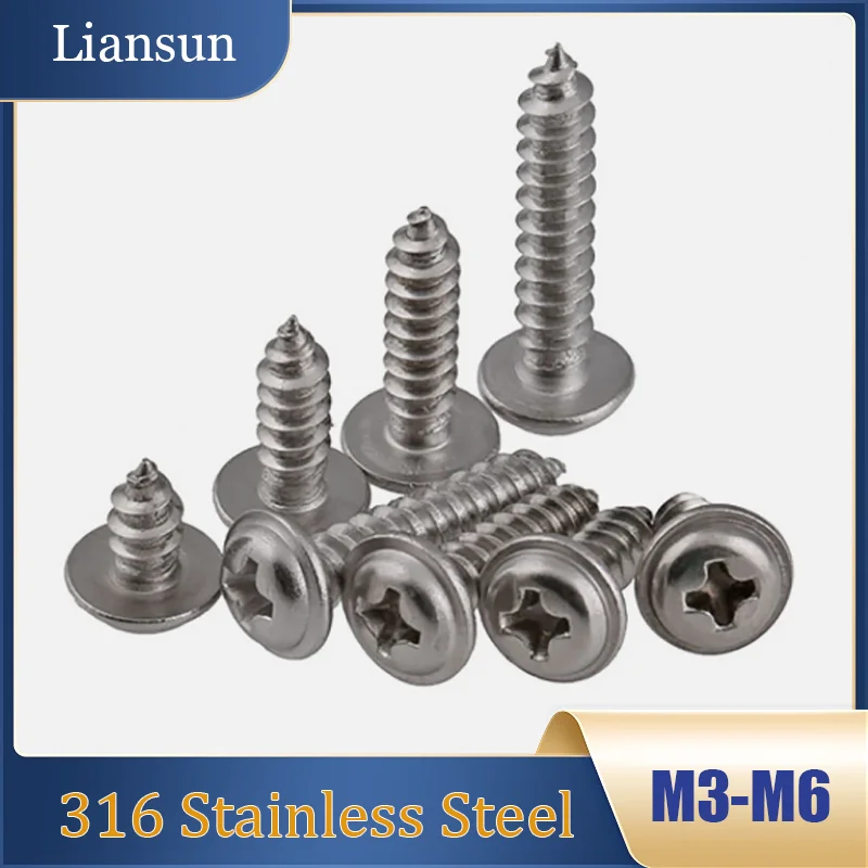 3-100 Pcs 316Stainless Steel Phillips Head Self-Tapping Screws M3M4M5M6 Phillips Head Flat Head Bolts with Washers Flange Screws