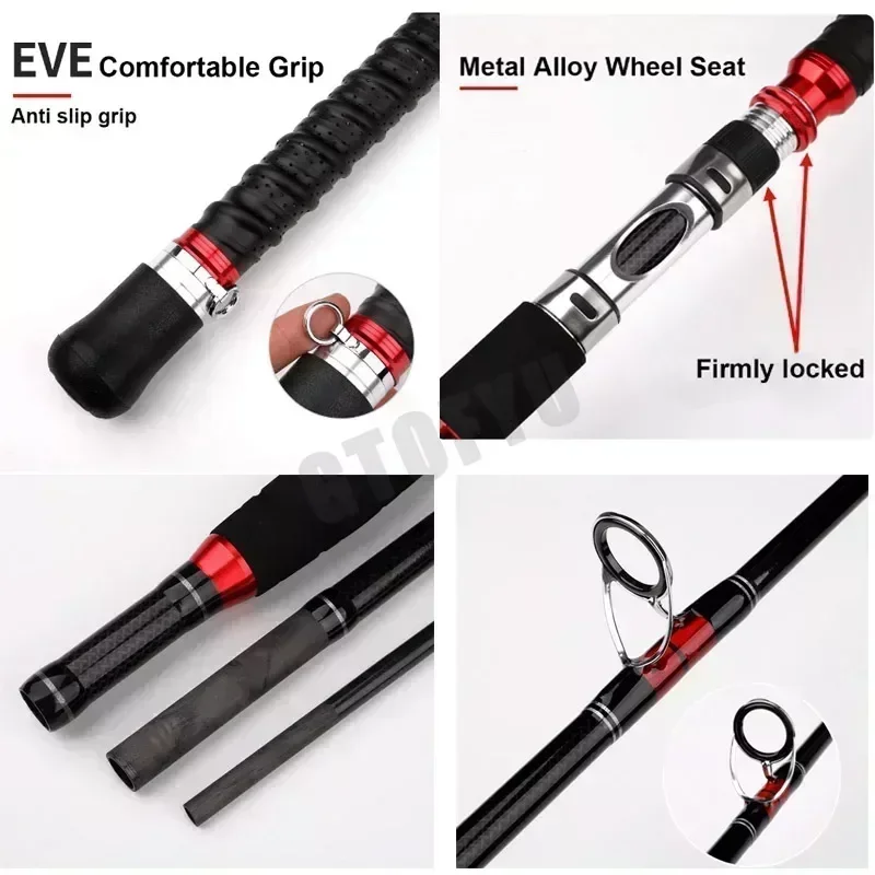 1.8M 2.1M Portable Fishing Rod Travel Surf Saltwater Heavy 3-Piece Carbon Spinning Rod 30-50lb Boat Jigging Trolling Fishing Rod