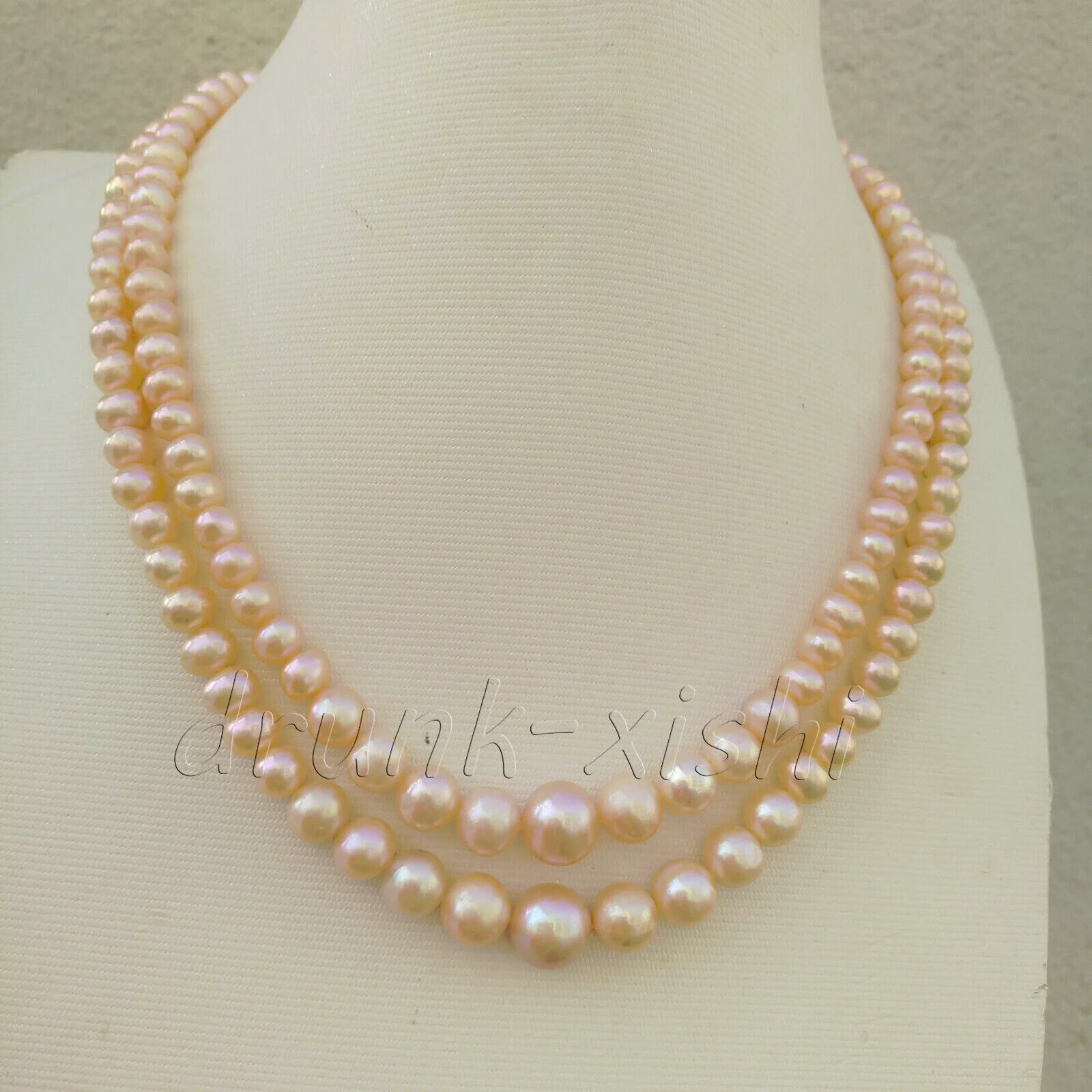 

Natural South Sea Triple Strand 3 Rows Princess Real Pearl Beads Necklace Pink 6-11mm Near Round At Party Wedding Birthday