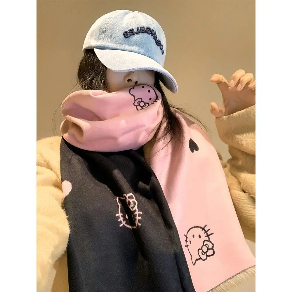 Sanrio Hello Kitty Reversible Imitation Cashmere Scarf Girl Kitty Winter Korean Atmosphere Pink Warm Neck Scarf Holiday Gifts