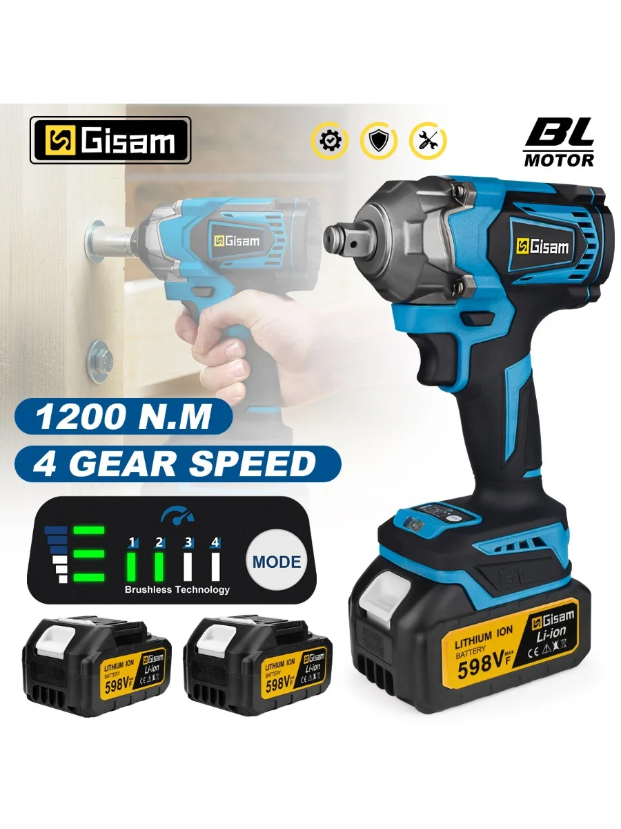 Gisam 1200N.M Bürstenloser Elektro-Schlagschrauber 1/2 Zoll 4-Gang Akku-Schrauber Bohrer Schraubendreher Autoreparaturwerkzeug Hochleistungs-Elektrowerkzeug für Makita 18V Akku