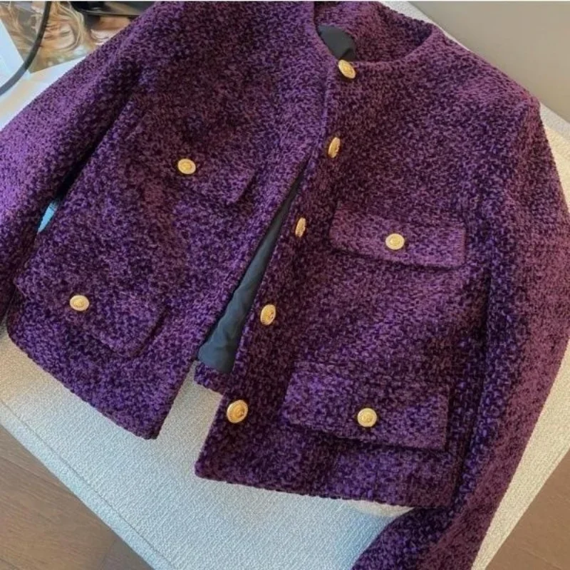 

French Woolen Tweed Coat Small Fragrant O-neck Short Jacket Women High-end Metal Button Purple Tops Autumn Winter 012A