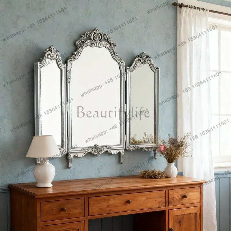 French bathroom tri-fold bathroom mirror wall hanging carved vintage makeup mirror