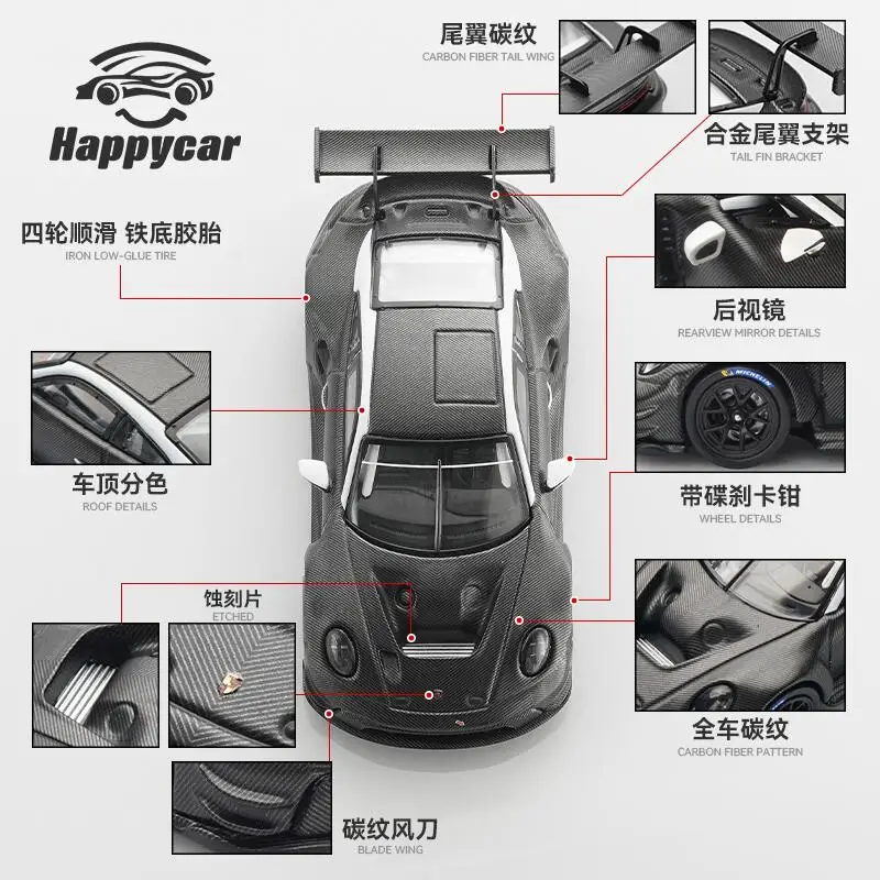 HappyCar HC 1:64 911 GT3 R Full Carbon Black Die-Cast Car Models Gifts