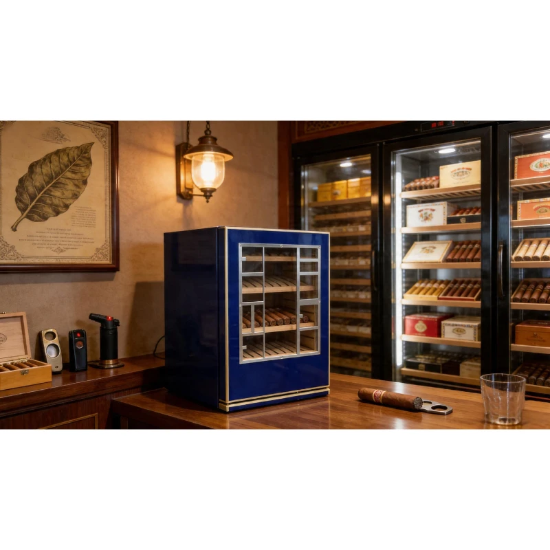150 Cigar Capacity Humidor Blue Wooden Cabinet with Transparent Glass Door Constant Temperature Storage CaseHome Bar Shop Use
