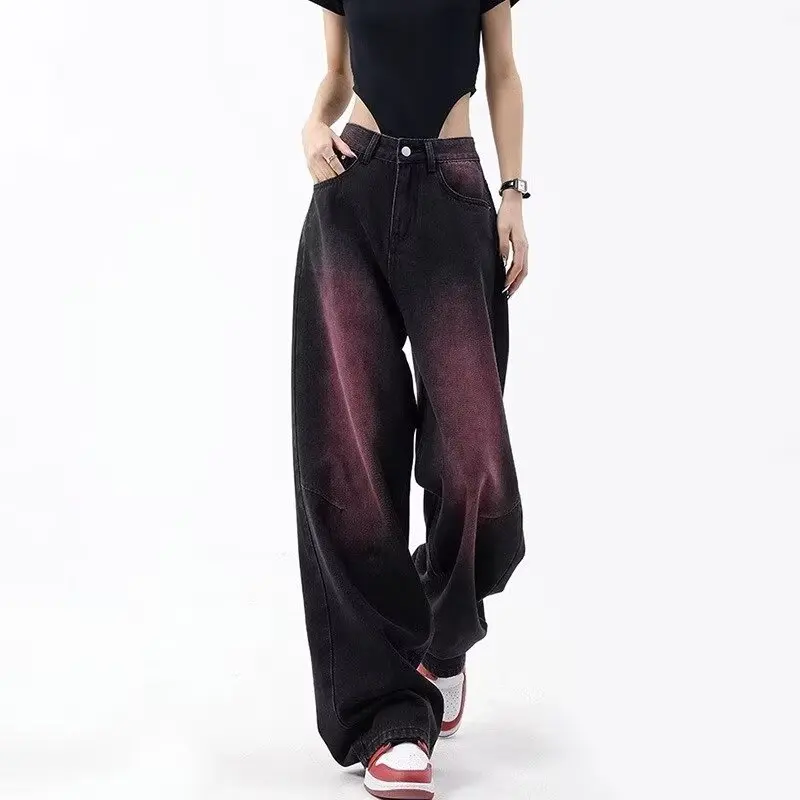 Red Vintage Harajuku Jeans Women Cyber Wide Leg Hippie Denim Pants High Waist Streetwear Trousers Casual Kpop Baggy Full Length