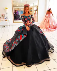 Black Off Shoulder Long Sleeves Tiered Quinceanera Dresses Rose Pattern Sequin Lace Up Corset with Train Vestidos de Quinceañera