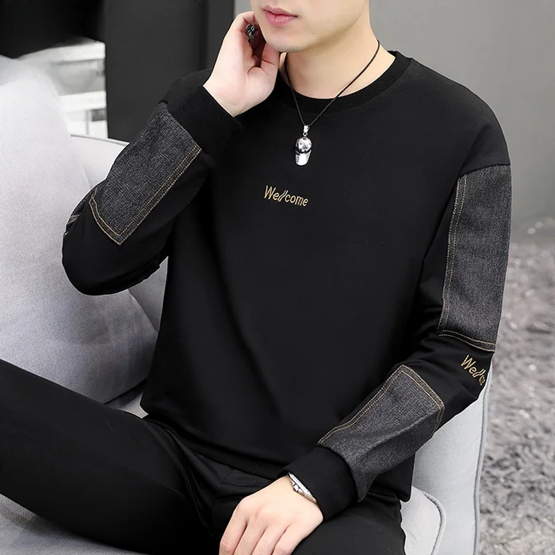 

Мужская толстовка с круглым вырезом, свободного кроя, с длинными рукавами, весенняя новинка, универсальная футболка, удобная, из смеси хлопка и полиэстера