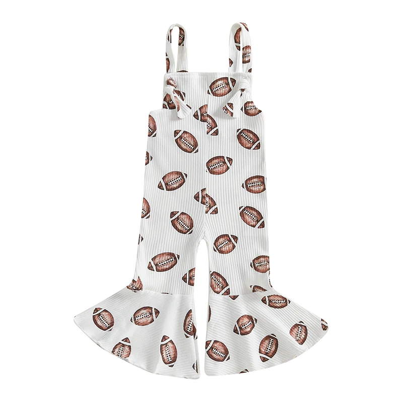 Toddler Girls Bibs Overalls Jumpsuit Football Printed Sleeveless Square Neck Bell Bottom Romper