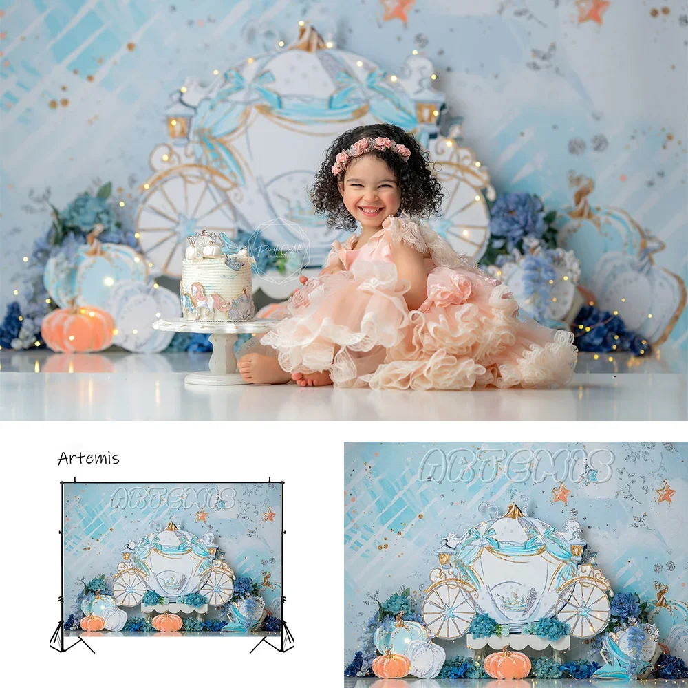 Pumpkin Carriage Photography Backdrop for Cinderella Fairytale Party Floral Stars Snowflake for Kid Princess Photo Decoration