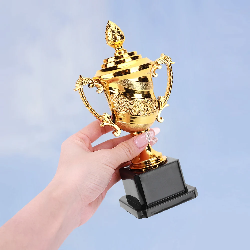 Gold Plastic Trophy Game Match Trophy with Lid Sports Competition Trophy Rose Pattern Winners Award Trophy for Party Ceremony