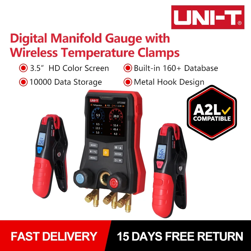 UNI-T UT336E KIT Intelligent Digital Manifold Gauge Refrigerant Pressure Gauges with UT320I 2 Wireless Temperature Clamps