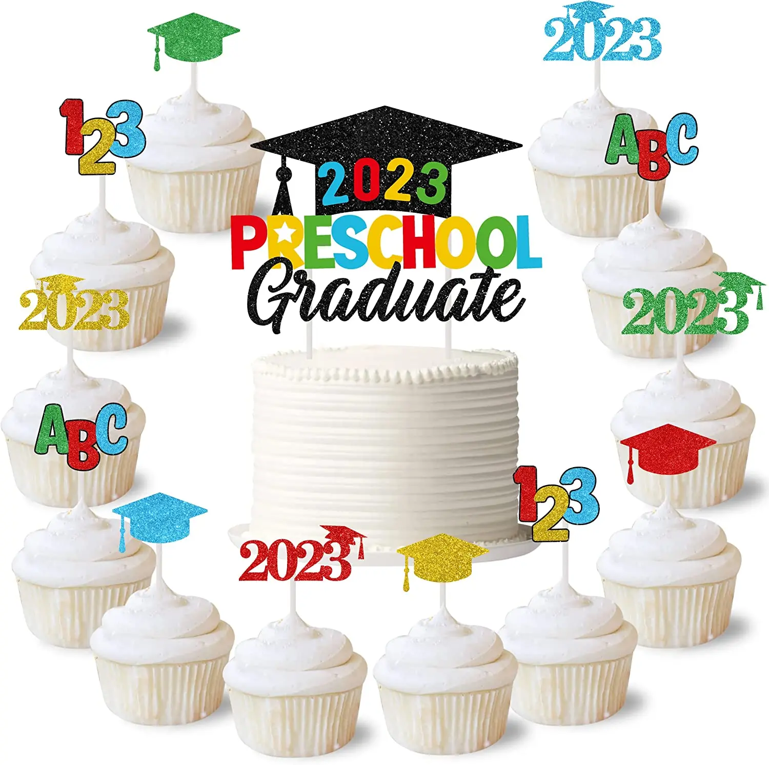 

Glitter Graduation Cake Decorations, Colorful Congrats Grad Cake, Cupcake Toppers for Kindergarten Graduates, 25Pcs, 2023