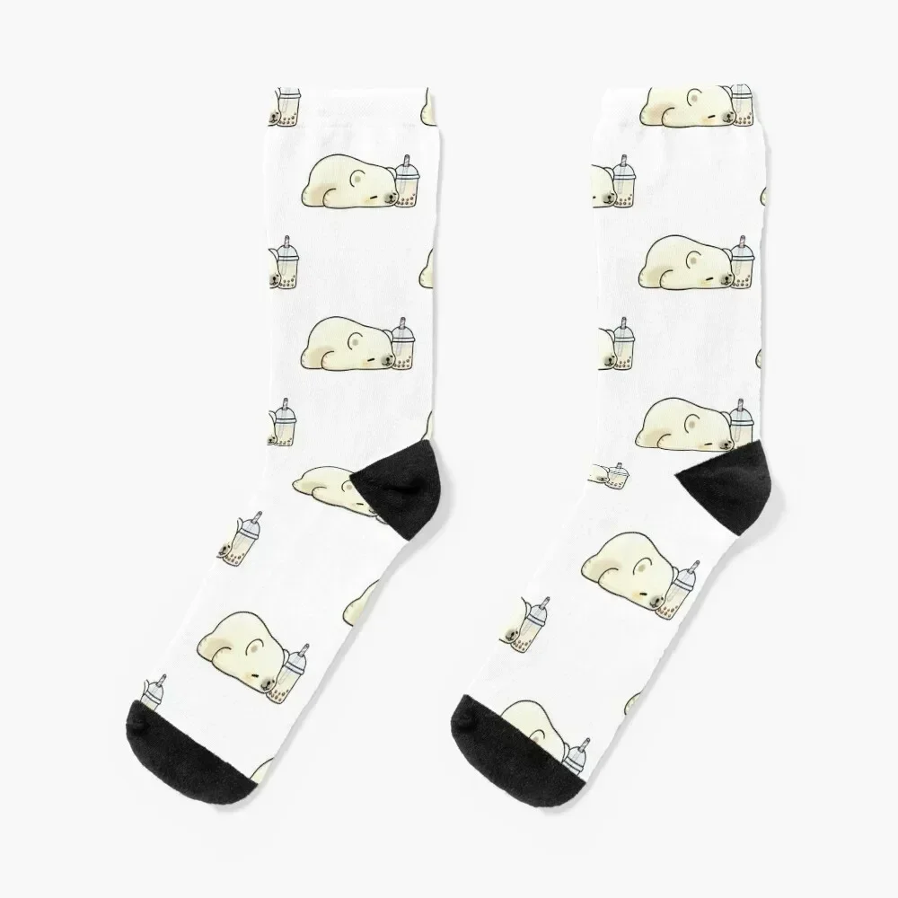 Little Polar Bear Chilling with it's Boba Tea Socks loose Hiking boots cool winter Socks For Men Women's