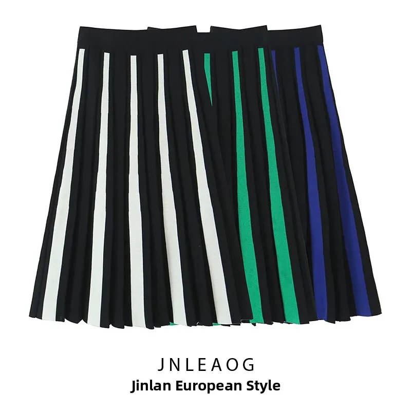 

JNLEAOG, осенняя новая женская вязаная цветная полосатая юбка, универсальная модная юбка трапециевидной формы со средней талией, повседневная полиэстеровая юбка
