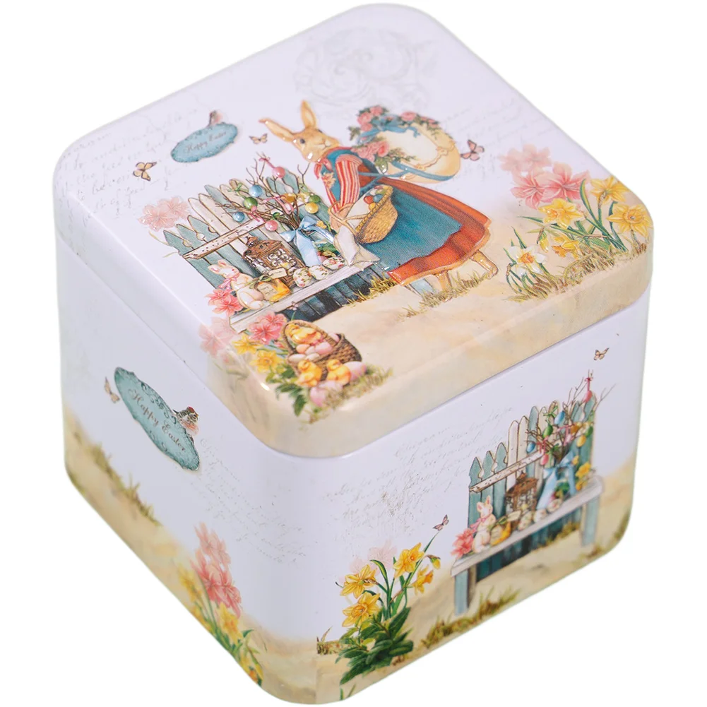 Easter Bunny Metal Tin Container with Festive Design for Storing Cookies Candy and Party Favors Compact 7.5cm Cube Shape White