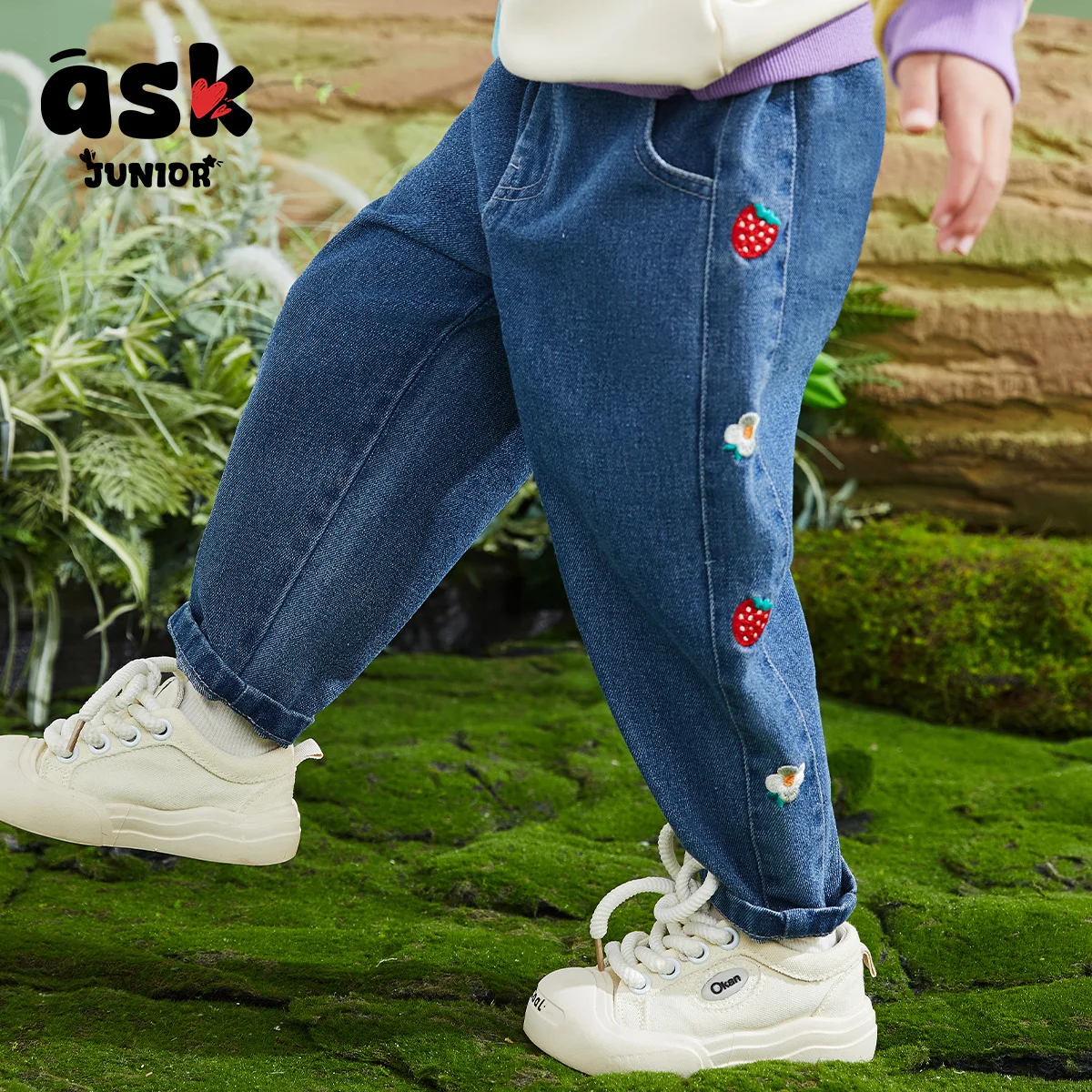 ملابس الربيع للفتيات سراويل جديدة للأطفال بحافة مطرزة على شكل زهرة الفراولة غير رسمية متعددة الاستخدامات من قماش الدنيم مقاومة للبعوض #5