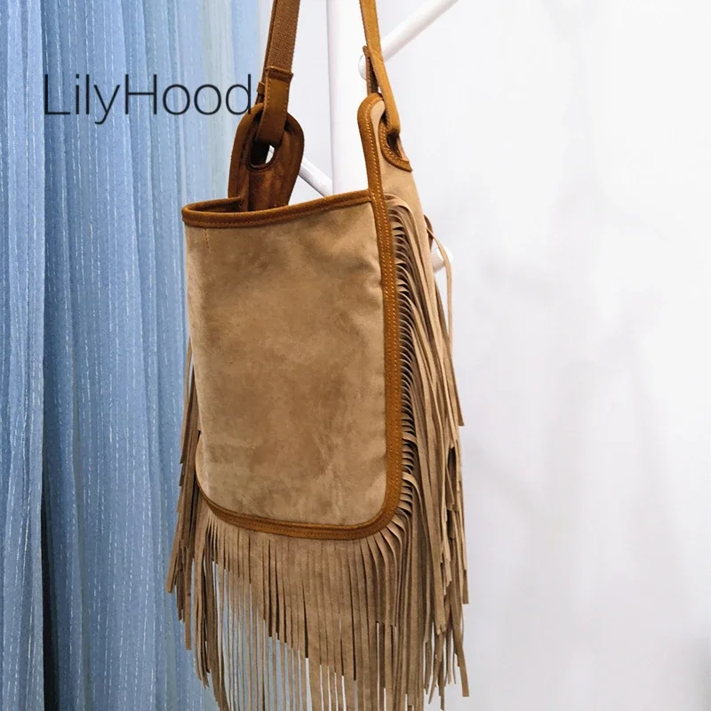 Women Fashion Leather Fringes Hobo Shoulder Bag 2024 Female Casual Suede Big Capacity Tassel Gypsy Hippie Boho Ibiza Slouchy Bag