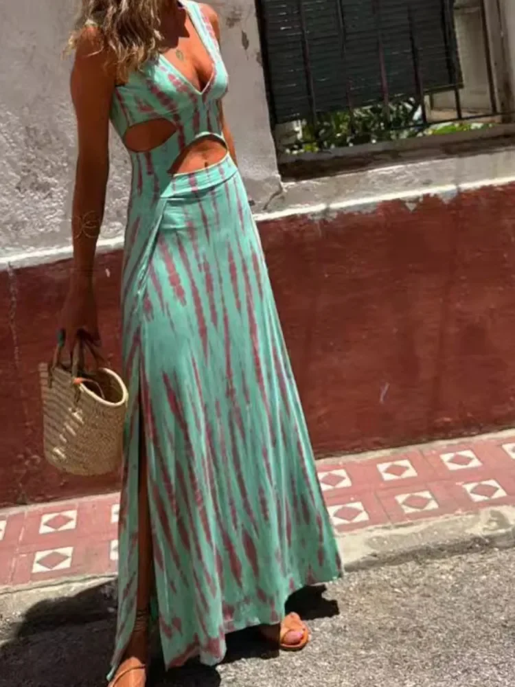 Damska Sukienka Boho Moda Sexy Dekolt V Bez Rękawów Bez Pleców Ażurowa Długa Sukienka Plażowa Wakacyjna Odzież Damska Nowość Lato