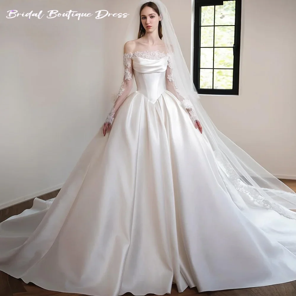 

Элегантное свадебное платье трапециевидной формы с открытыми плечами по индивидуальному заказу, плиссированное свадебное платье с длинными рукавами и аппликацией, Vestidos De Novia, со шлейфом