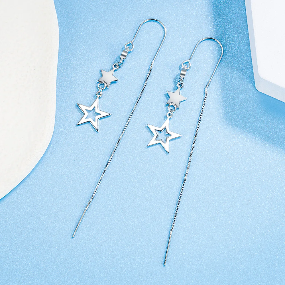 Real 925 Sterling Silver Star Pendant Necklace Crystal Long Chain Drop Earrings Jewelry Sets For Women Trendy FQL23064