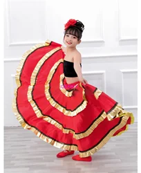 Spanish Costume Girl long Red Flamenco Style Dress Ballroom Skirt for Girls Child Black Dance Dresses Costumes For Kids Clothes