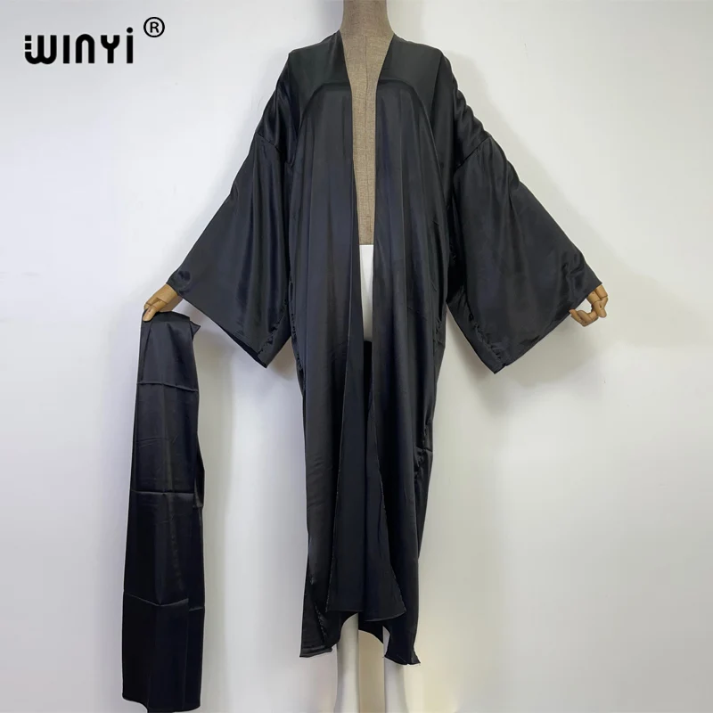 2022 NEW WINYI Pure black Beach Outing Holiday Cover-Up sweet lady boho coat Self Belted sexy Holiday long Sleeve Kimono kaftan