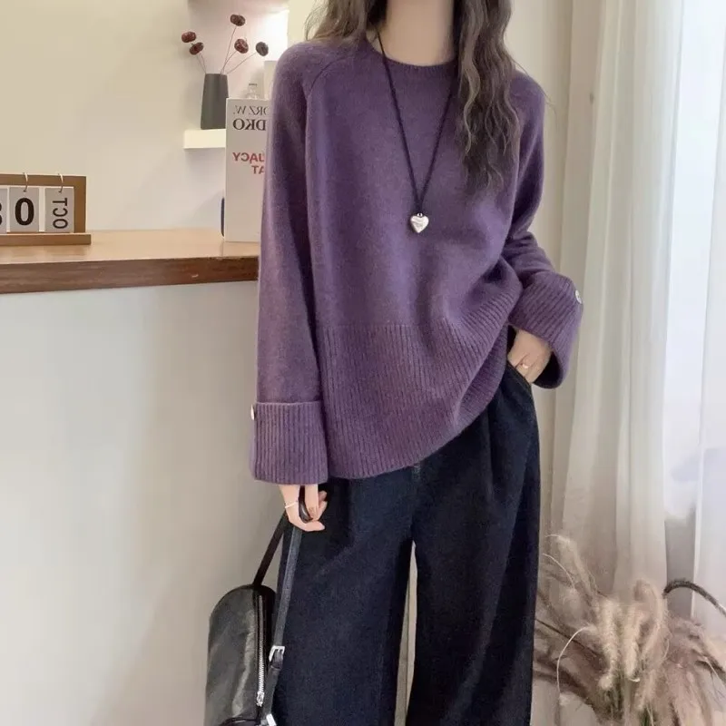 French Cuffs New Women's High-End Rolled Edge Round Neck Sweater Autumn Winter Lazy Style Versatile Base Knit Wool Plus Size Top