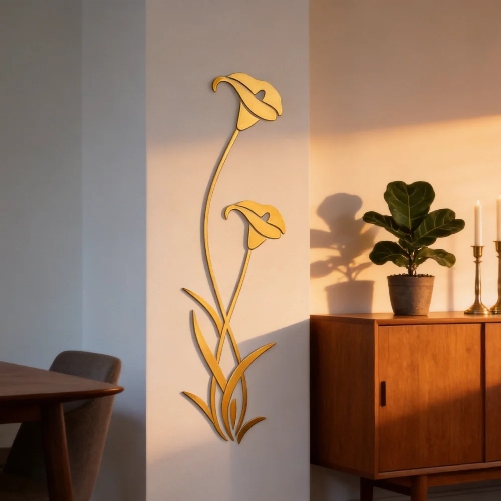 Gold 3D Mirror Acrylic Calla Lily Wall Sticker, DIY Floral Mirror Wall Decal, Modern Stereoscopic Flower Wall Art for Entryway Bedroom Living Room Home Decor, Size 29cm100cm