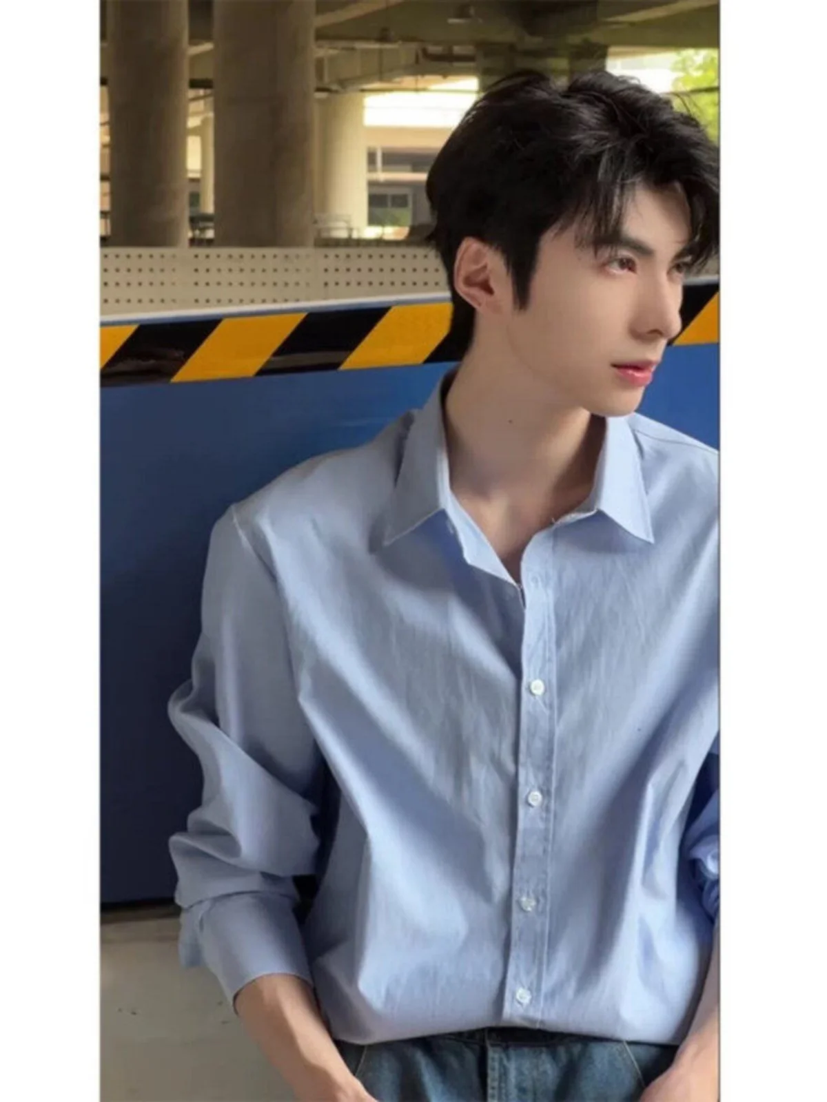 Blue Long Sleeve Casual Shirt for Men Cleanfit Handsome Inner Wear Korean Style Jacket Youth Summer Fashion Flip Collar