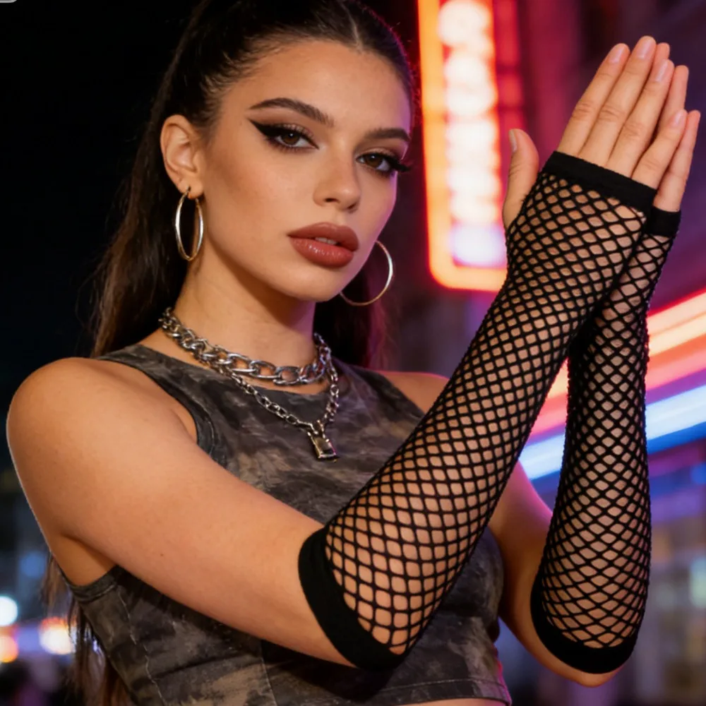 

1 пара женских удлиненных перчаток-сеток без пальцев, теплые нарукавники в стиле панк-рок, сексуальные перчатки для ночных клубов и вечеринок