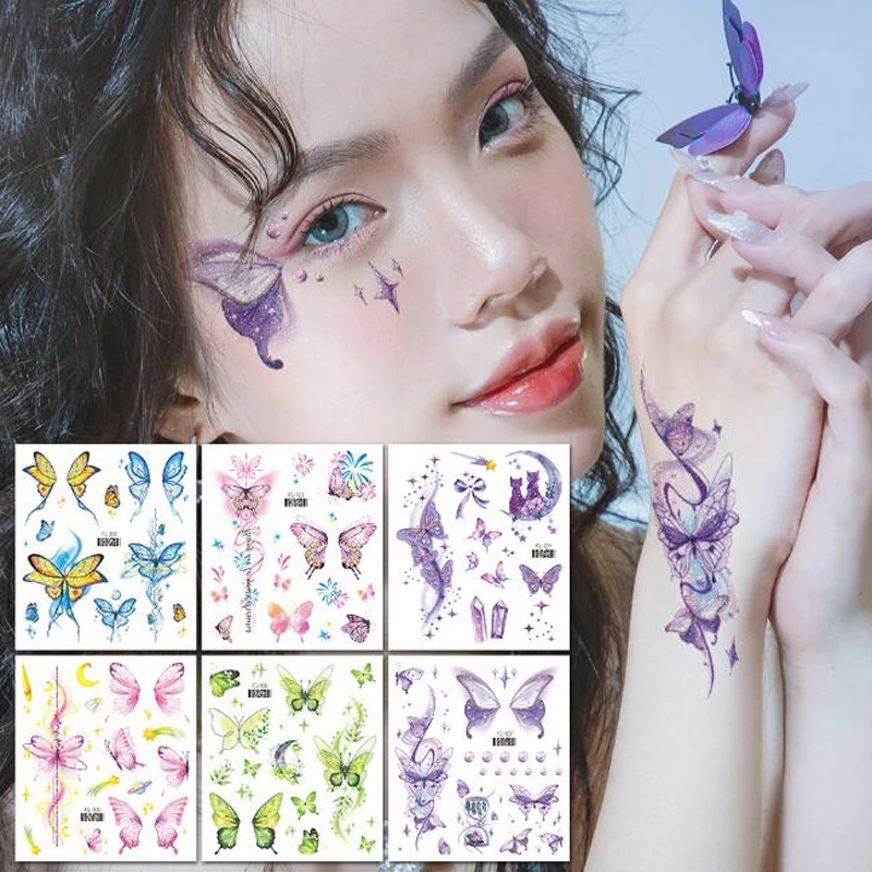 Face Stickers Waterproof Cartoon Glitter Gradient Butterfly Mermaid Tattoo Sticker Decals DIY Makeup Decorations Fake Tattoos