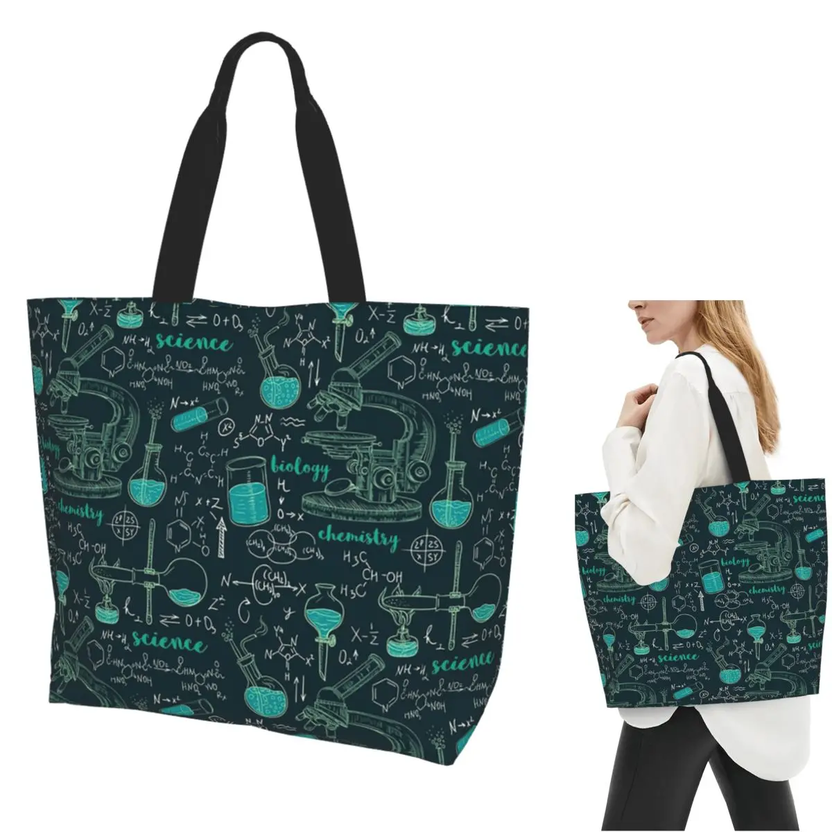 

Seamless Pattern Old Chemistry Laboratory With Microscope, Tubes And Formulas Shopping Tote Bag Canvas Shoulder Bags Handbag