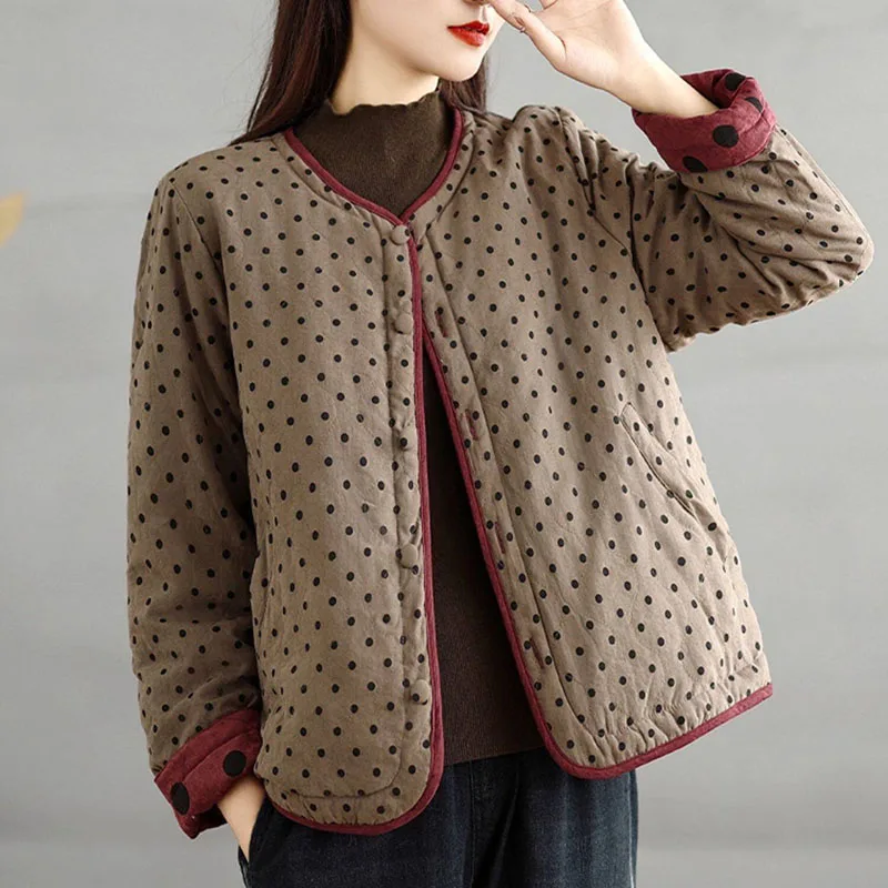 Literary Retro Polka-dot Cotton Linen Cotton-padded Jacket Women Winter Padded Mother's Leisure Age-reducing Cotton-Padded Coat