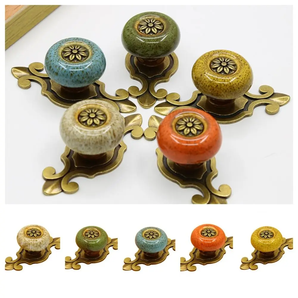 Vintage Single Hole Ceramic Knob Ceramic Ethnic Style Door Knob Antique Bronze Flower Pull Handle Wardrobe