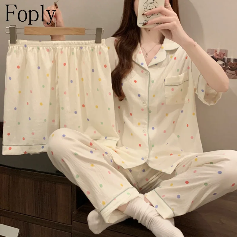 

3Piece Cream Style Woman Pajama Set Print Summer Clouds Cotton Pyjama Sleepwear Short Sleeve Pants Pijama Mujer Pjs Loungewear