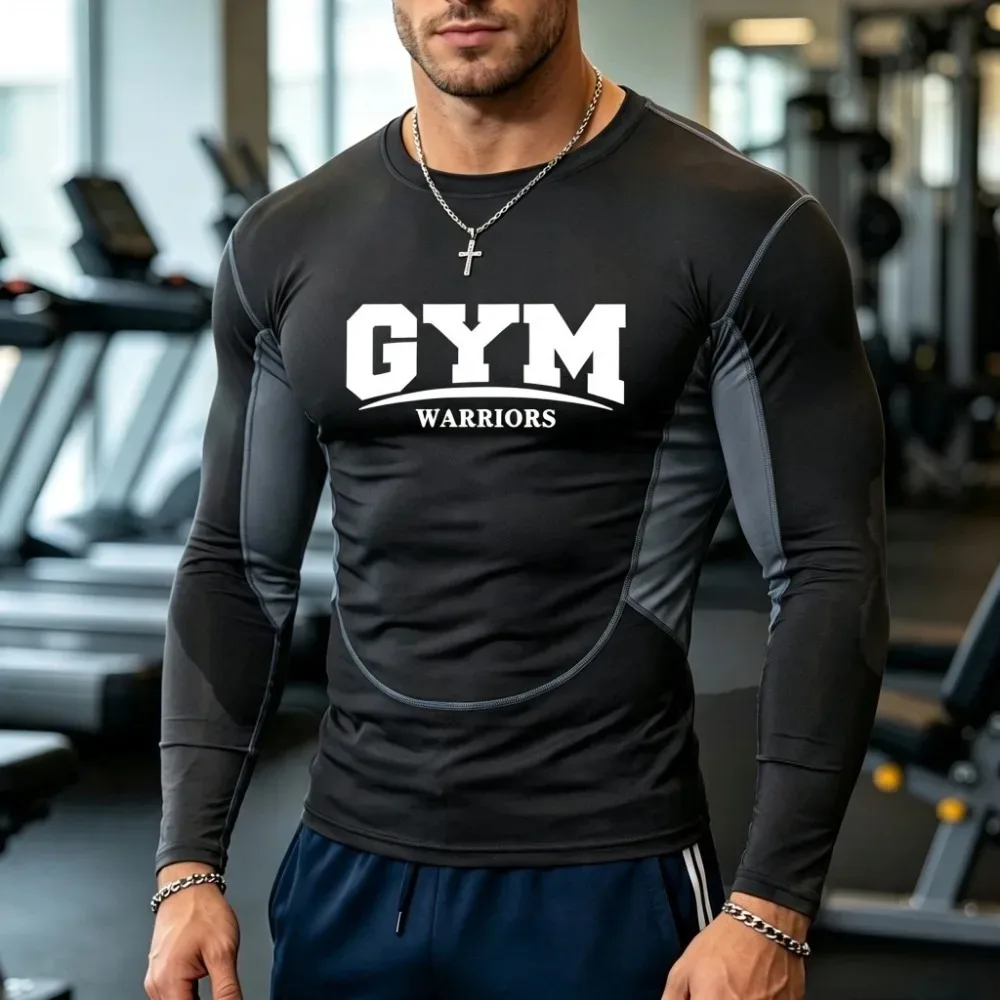 Mens Color Contrast Splicing Athletic Long Sleeve Shirts GYM Warriors Letter Print Slim Compression Top Soft Wrinkle Resistant