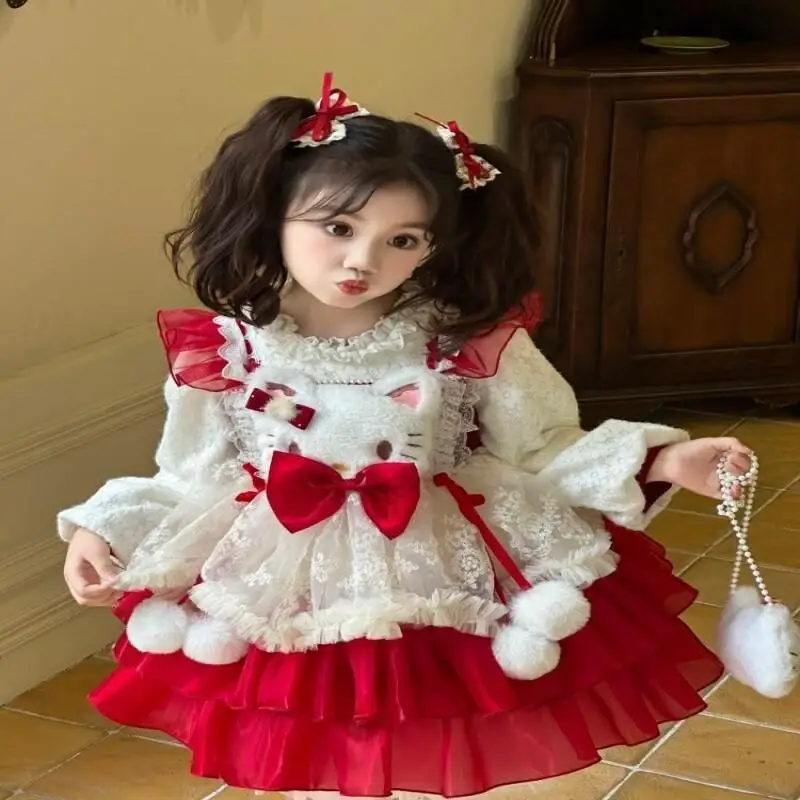 

Sanrio Hello Kitty, платье принцессы Лолиты для девочек, юбка-пачка с рюшами, многослойное платье, украшение с бантом, праздничное платье, детское бальное платье, подарок