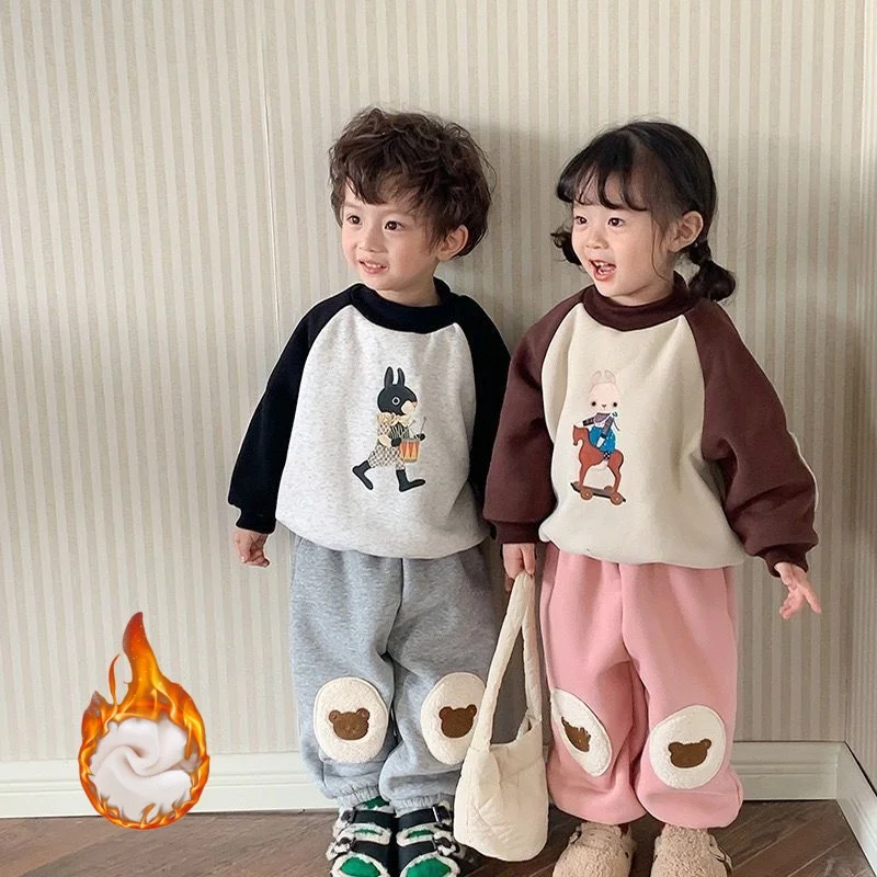 

Winter Warm Children Clothes Cute Bear Pattern Fleece Lined Thickened Pants Casual Boys Girls Loose Trousers