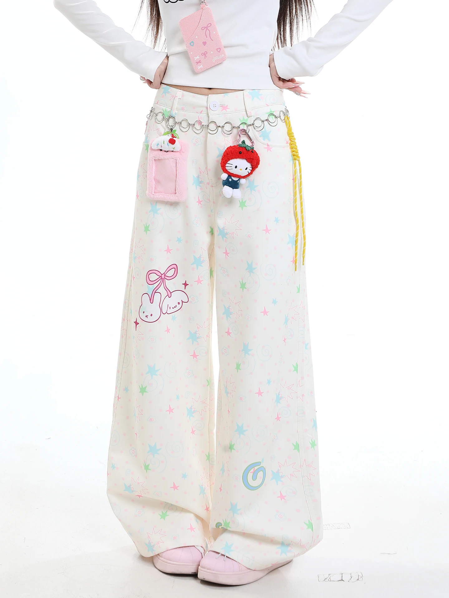 Adorable Cartoon Star High Waist Wide Leg Pants Women's Autumn Casual Straight Cut Long Trousers Floor Length Draping Style