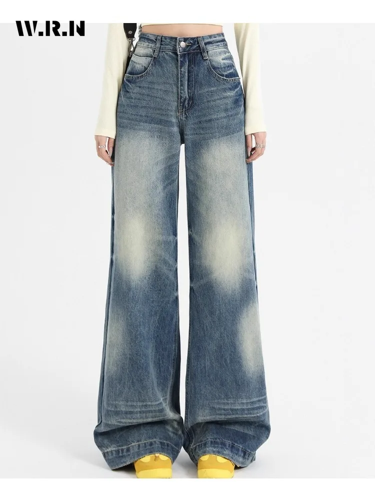Casual minimalistische jaren 2000 denim broek dames vintage gewassen blauwe mop broek grunge straat retro hoge taille Y2K baggy jeans