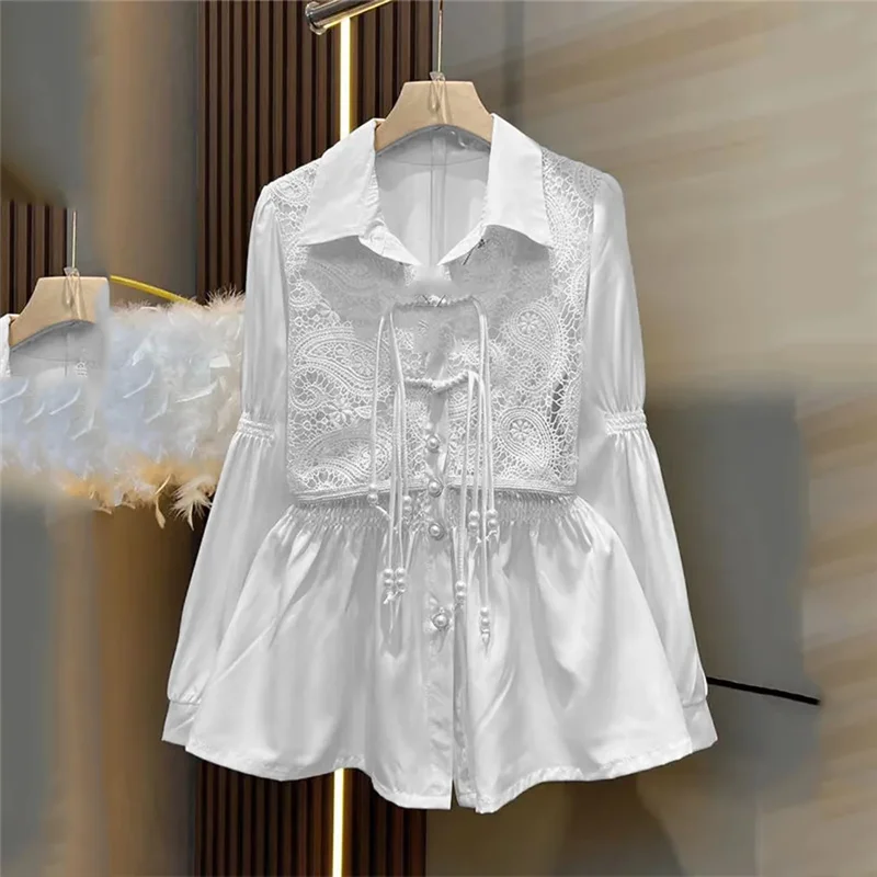 Spring Autumn Shirt Women 2024 New Fashion Loose Leisure Large Size Tops Lace Fake Two Pieces Blouses Pure Colour 4XL Female