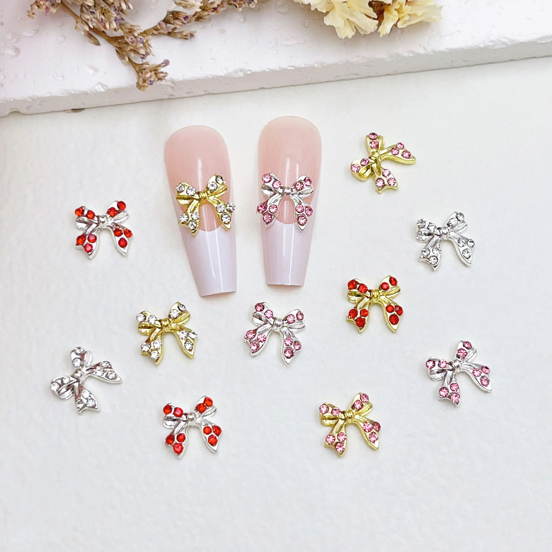 10pcs Alloy Ribbon Nail Charms Crystal Diamond Rhinestones Streamers Nails Art Decoration 3D Zircon Manicure Accessories 10*10mm