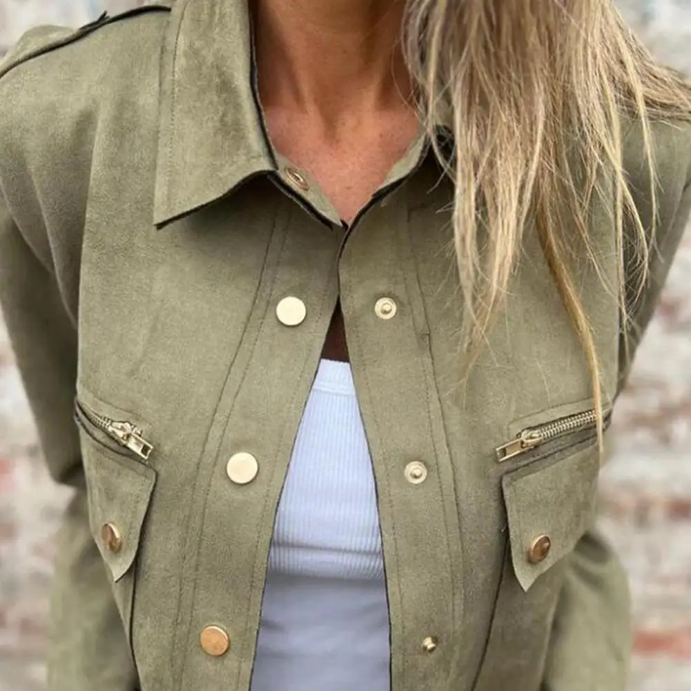 Autumn Spring Suede Jacket Women Cargo Style Zipper Turn-down Collar Faux Buckskin Deer Velvet Outdoor Outerwear Jacket