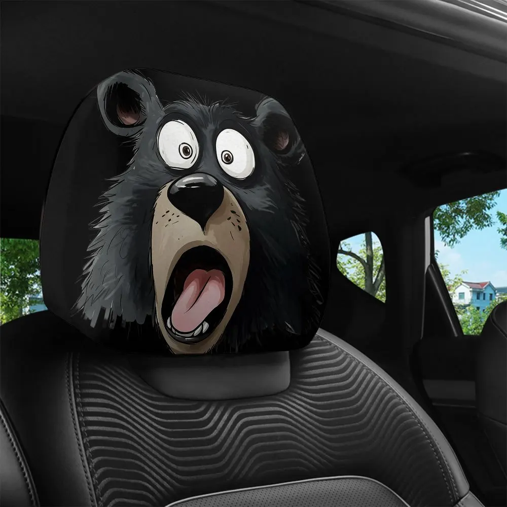 Cartoon Black Bear Character Printed Car Headrest Cover, Interior Decor, Universal Fit, Machine Washable, Easy Installation
