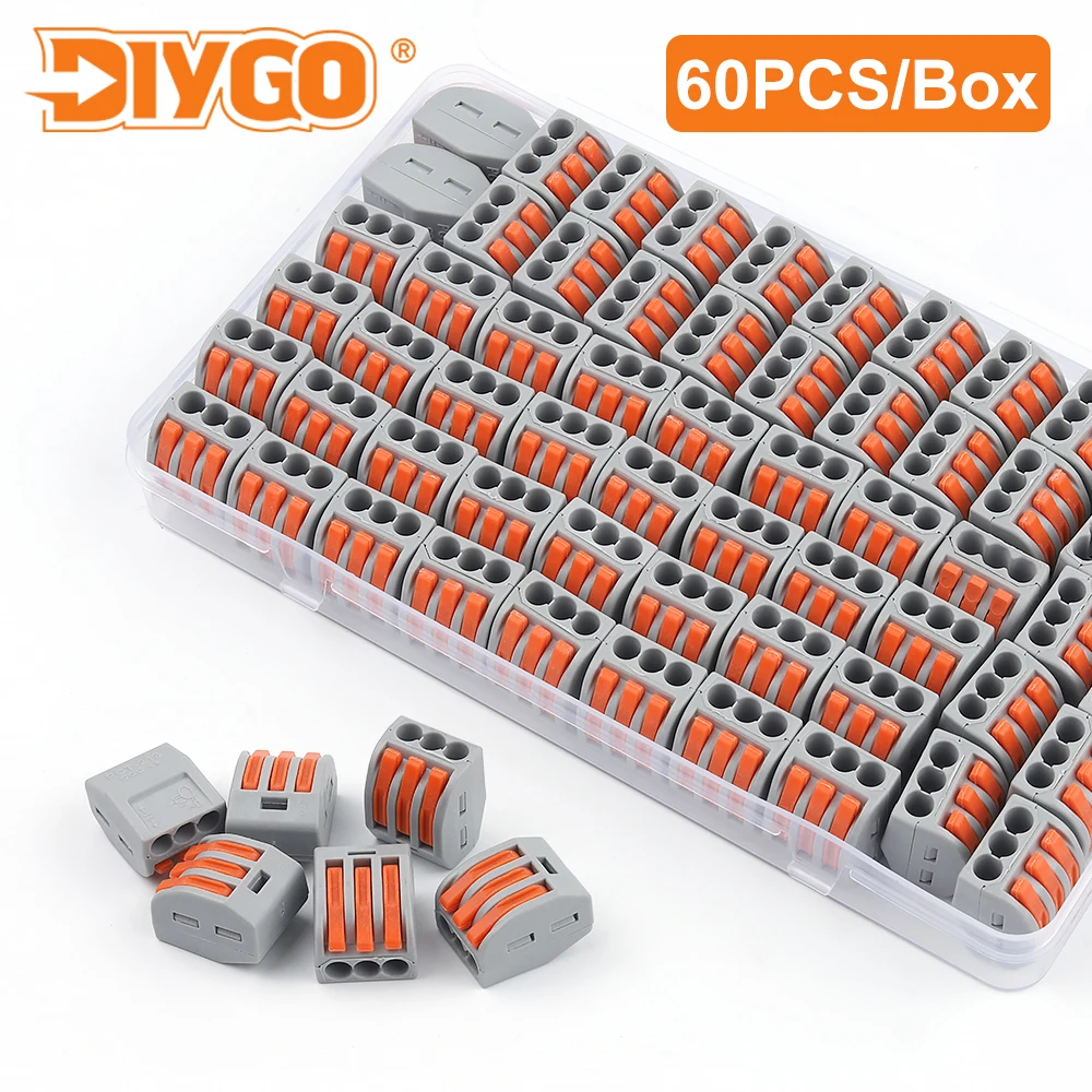 

60PCS/Box Lever Wire Connector Assortment Pack 213 Universal Compact Splicing Terminal Blocks Quick Push in Conductor Connectors